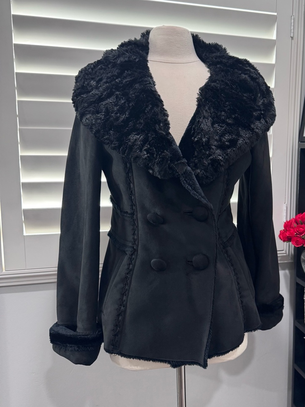 Sonoma Black Teddy Faux-Fur Collar Double-Breasted Jacket